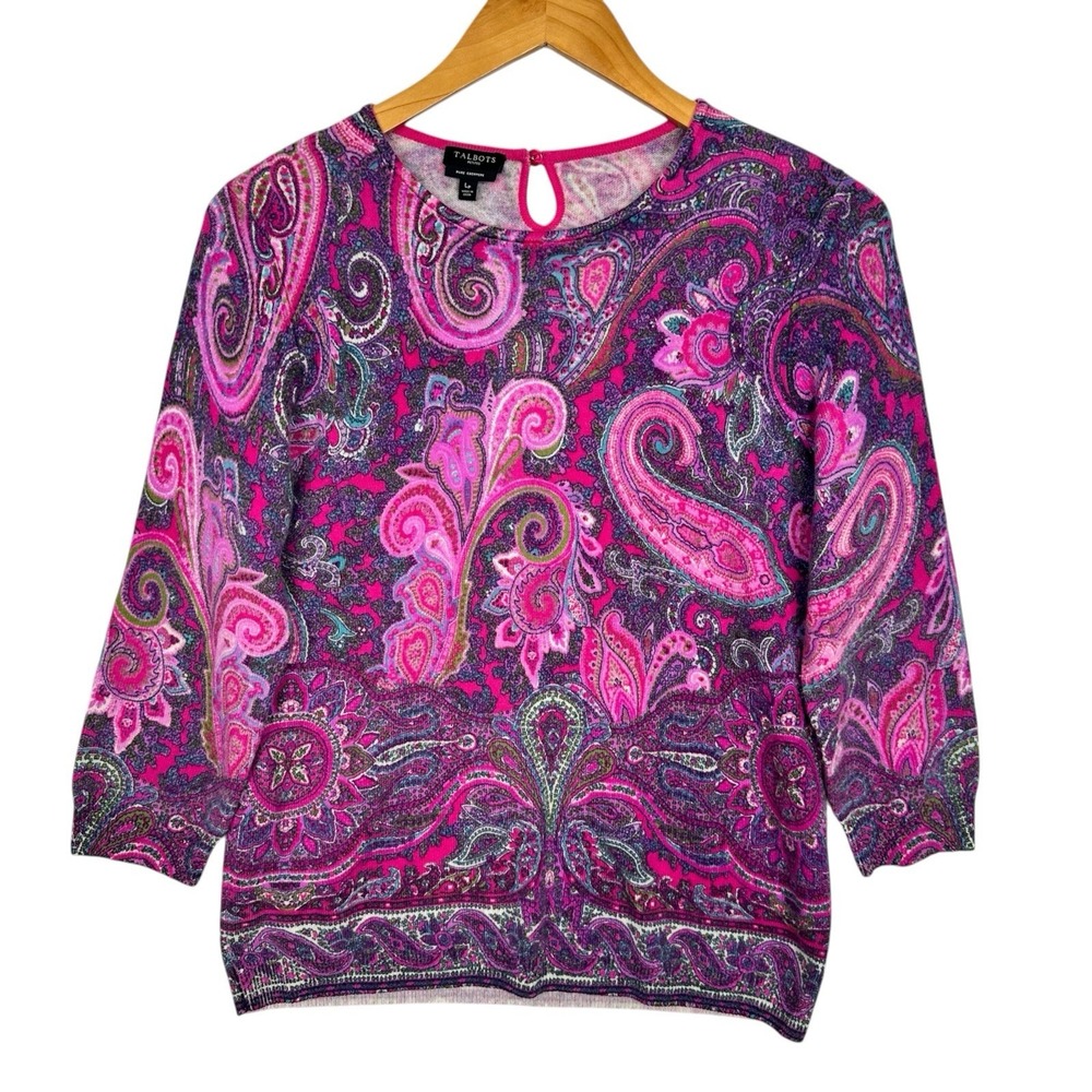 Talbots Pure Cashmere Sweater Womens LP Petite Large Pink Paisley 3/4 Sleeve